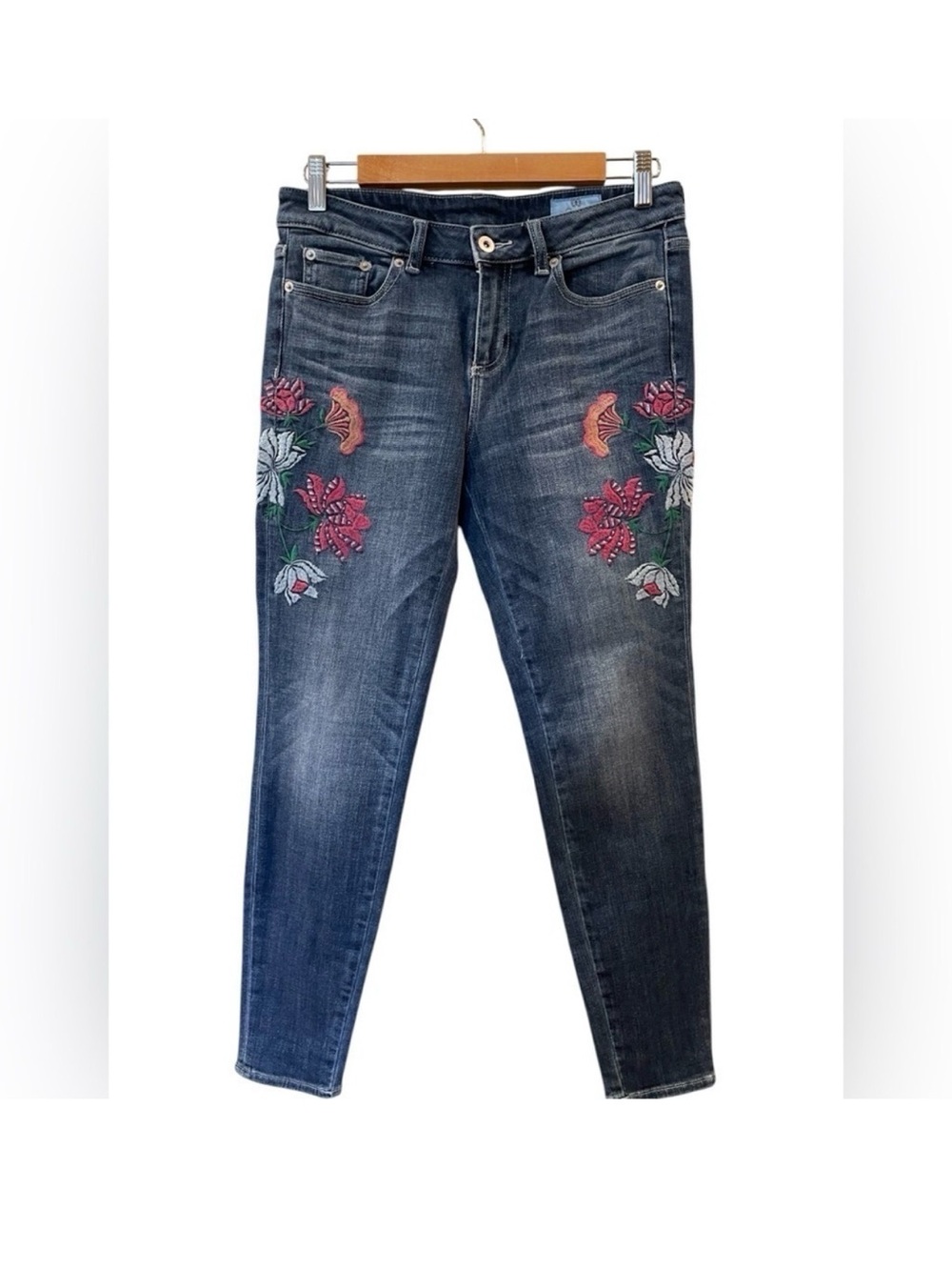 CeCe Dark Blue Skinny Jeans with Pink & White Floral Embroidery